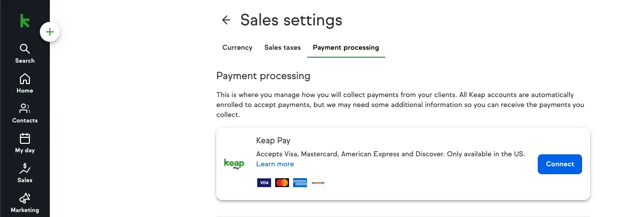 Example of connecting Keap Pay in Keap app