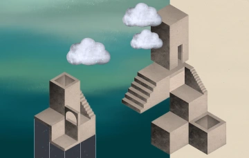Geometric buildings with clouds and stairs