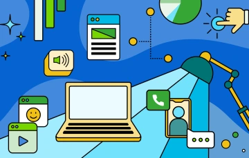 Computer, lampshade, finger pointing illustration