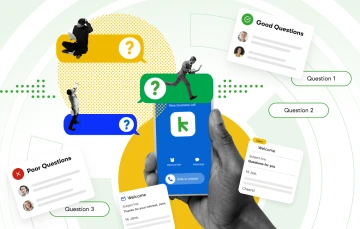 Hand holding a phone, along with question marks and comment bubbles everywhere