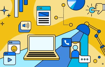 Yellow and blue illustration of a computer, lamp and other icons