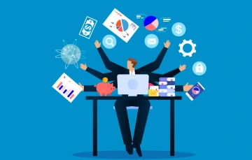 An illustration of a man juggling a bunch of tasks