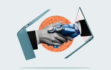 A close up of a real hand and an avatar hand shaking hands
