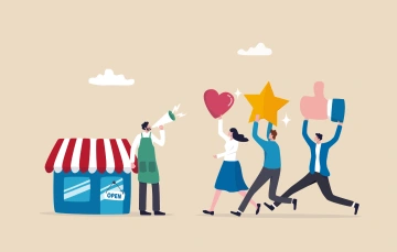Graphic showing customers holding icons of a heart, star and a thumbs up.