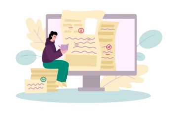 Illustration showing a businessperson managing customer follow-ups using CRM software with icons representing emails tasks and reminders