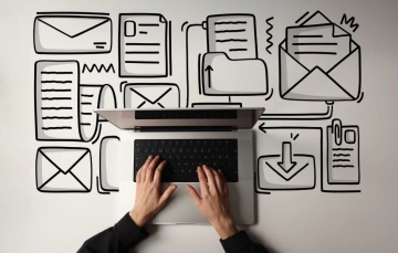 Hands typing on a laptop with marketing automation dashboard on screen