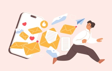 Illustration of a person running while yellow envelopes, message snippets, hearts, and thumbs-up icons burst out of a smartphone.