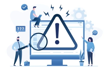 Illustration of businesspeople around a computer monitor displaying a large warning exclamation icon, with a magnifying glass, question marks, and an angry emoji — symbolizing confusion and myths about CRM software.