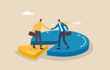 Infographic of two business people shaking hands while standing on pieces of a pie chart, symbolizing partnership and collaboration in marketing.