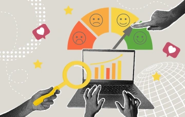 Illustration of hands around a laptop showing graph rising, a customer satisfaction gauge moving toward happy face, and feedback icons — visualizing improving customer service expectations with a CRM.