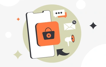 Illustration of a smartphone with a shopping bag icon crossed out, alongside an envelope, megaphone, and chat bubble—depicting abandoned cart recovery