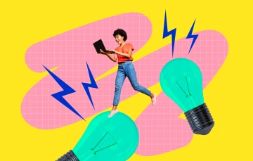 Woman standing on large lightbulb holding laptop, surrounded by stylized lightning bolts and abstract shapes on bright yellow background