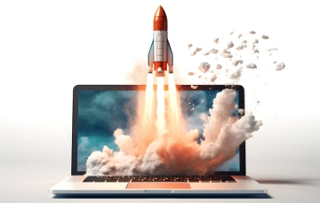 Graphic of a rocket taking off from a laptop, symbolizing business growth and marketing automation