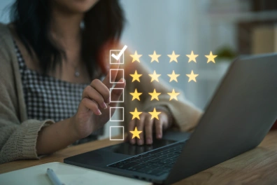 Illustration of a woman selecting 5 stars for her online review