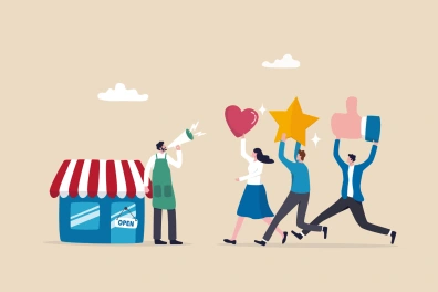 Graphic showing customers holding icons of a heart, star and a thumbs up.