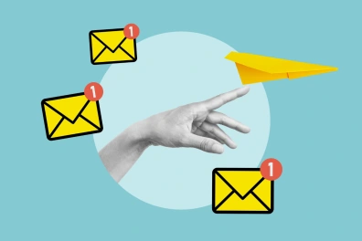 A hand throwing a yellow paper airplane and three yellow envelope icons with notification marks surrounding the hand.