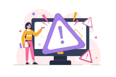 Clipart of a woman standing in front of a computer monitor with an exclamation alert sign popping out.