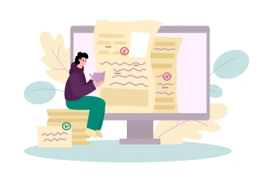 Illustration showing a businessperson managing customer follow-ups using CRM software with icons representing emails tasks and reminders