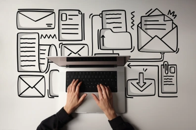 Hands typing on a laptop with marketing automation dashboard on screen