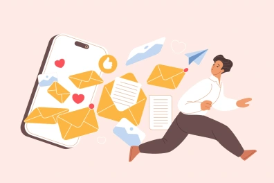 Illustration of a person running while yellow envelopes, message snippets, hearts, and thumbs-up icons burst out of a smartphone.