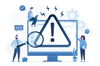 Illustration of businesspeople around a computer monitor displaying a large warning exclamation icon, with a magnifying glass, question marks, and an angry emoji — symbolizing confusion and myths about CRM software.