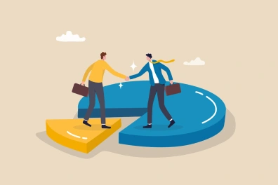 Infographic of two business people shaking hands while standing on pieces of a pie chart, symbolizing partnership and collaboration in marketing.