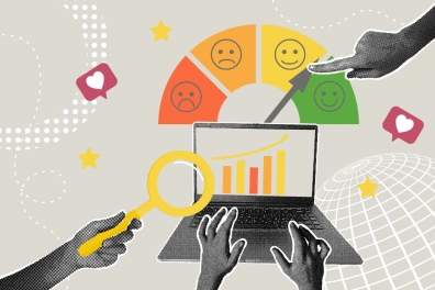 Illustration of hands around a laptop showing graph rising, a customer satisfaction gauge moving toward happy face, and feedback icons — visualizing improving customer service expectations with a CRM.
