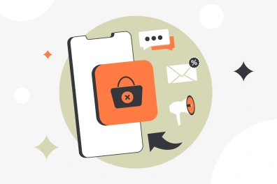 Illustration of a smartphone with a shopping bag icon crossed out, alongside an envelope, megaphone, and chat bubble—depicting abandoned cart recovery