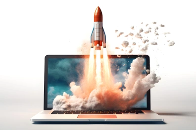 Graphic of a rocket taking off from a laptop, symbolizing business growth and marketing automation
