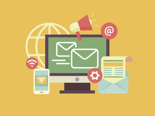 Email marketing. Propagation and sharing, promotion and support, optimization and megaphone. Flat vector illustration