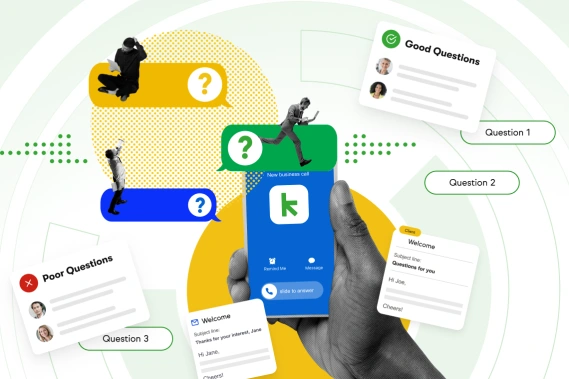 Hand holding a phone, along with question marks and comment bubbles everywhere