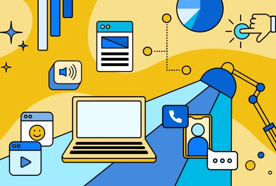 Yellow and blue illustration of a computer, lamp and other icons