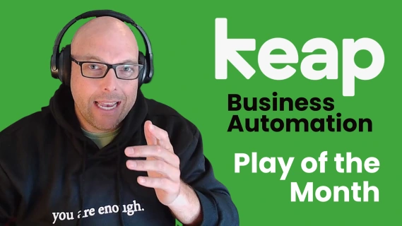Keap's Brett Fairbourn mid sentence with the words Keap Business Automation Play of The Month