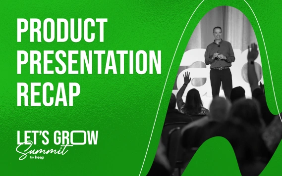 Keap's Clate Mask smiling on stage with Let's Grow Summit text