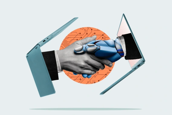 A close up of a real hand and an avatar hand shaking hands