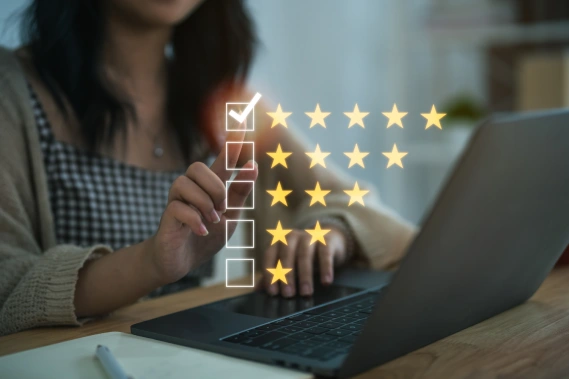 Illustration of a woman selecting 5 stars for her online review