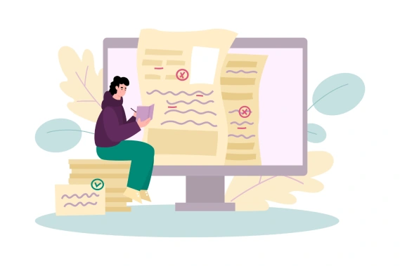 Illustration showing a businessperson managing customer follow-ups using CRM software with icons representing emails tasks and reminders