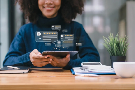 Illustration of people interacting with digital CRM tools including charts messages and profiles symbolizing improved customer relationship management.