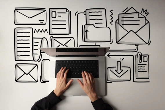 Hands typing on a laptop with marketing automation dashboard on screen