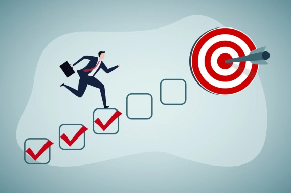 Illustration of a businessman jumping over checkmarks toward a bullseye, symbolizing progress through task automation