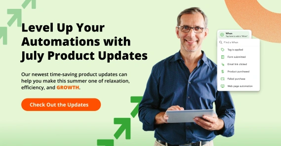 Smiling man holding a tablet, with interface elements representing actions and updates on the right set against a colorful background highlighting Keap’s July 2025 product updates.