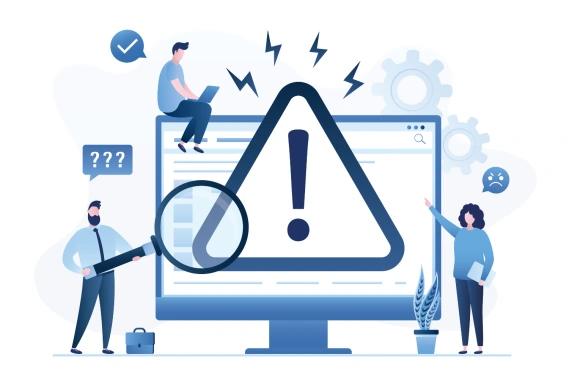 Illustration of businesspeople around a computer monitor displaying a large warning exclamation icon, with a magnifying glass, question marks, and an angry emoji — symbolizing confusion and myths about CRM software.