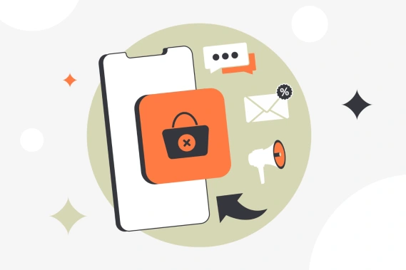 Illustration of a smartphone with a shopping bag icon crossed out, alongside an envelope, megaphone, and chat bubble—depicting abandoned cart recovery