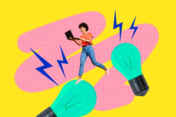 Woman standing on large lightbulb holding laptop, surrounded by stylized lightning bolts and abstract shapes on bright yellow background