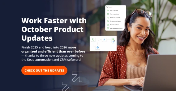 Smiling woman using a laptop with overlay graphics of automation workflow icons and the text ‘Work Faster with October Product Updates – be more organized and efficient than ever before.’