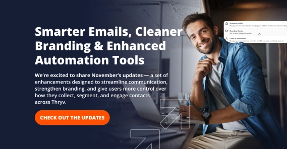 Man smiling while working on a laptop with on-screen menu options for business profile branding center and user permissions alongside text promoting smarter emails cleaner branding and enhanced automation tools for November updates