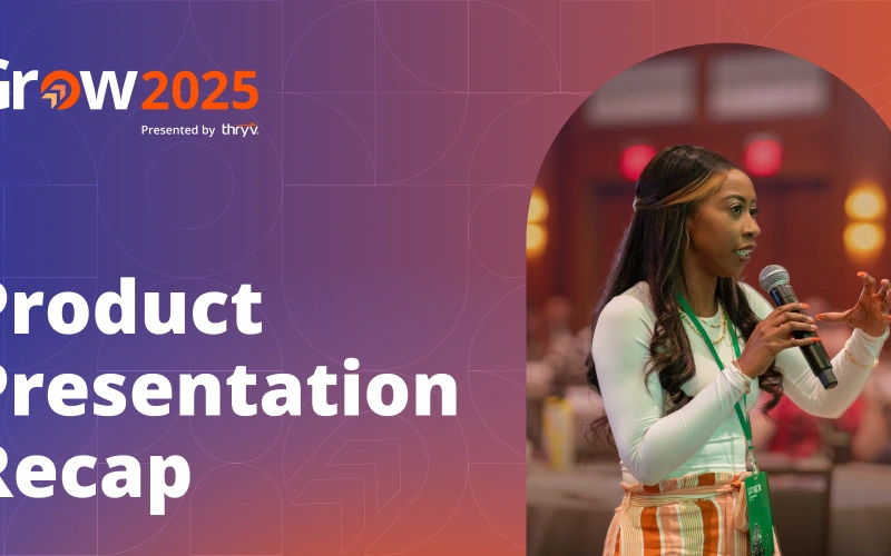 Grow 2025 conference delivering a product presentation, with the event branding visible in the background — logo ‘Grow 2025 Presented by Thryv’ and the headline ‘Product Presentation Recap’.