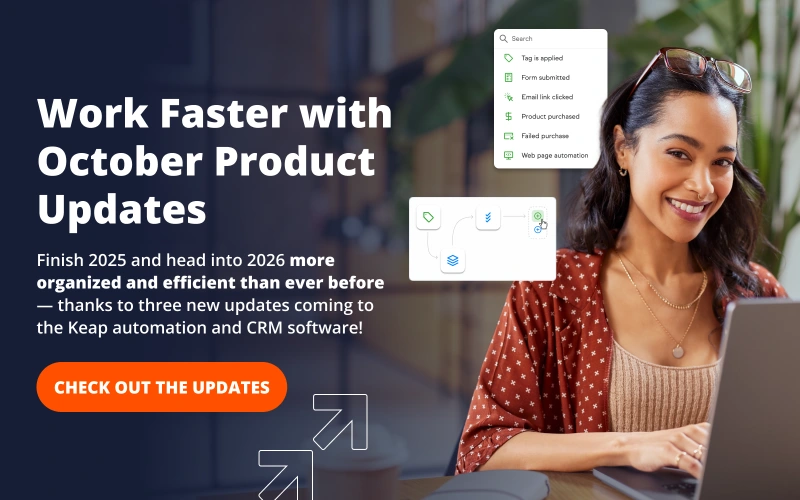 Smiling woman using a laptop with overlay graphics of automation workflow icons and the text ‘Work Faster with October Product Updates – be more organized and efficient than ever before.’