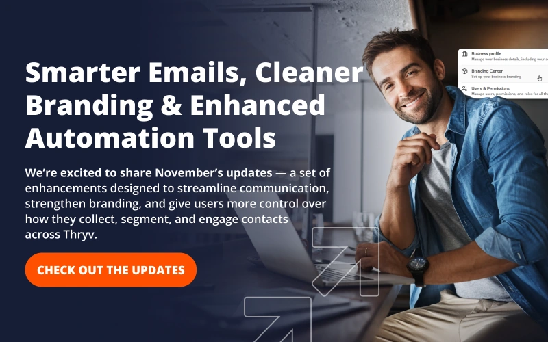 Man smiling while working on a laptop with on-screen menu options for business profile branding center and user permissions alongside text promoting smarter emails cleaner branding and enhanced automation tools for November updates